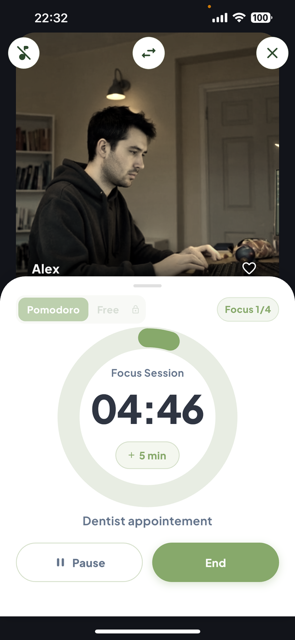 ZoBud body doubling focus room with a live video partner and a Pomodoro timer for ADHD accountability