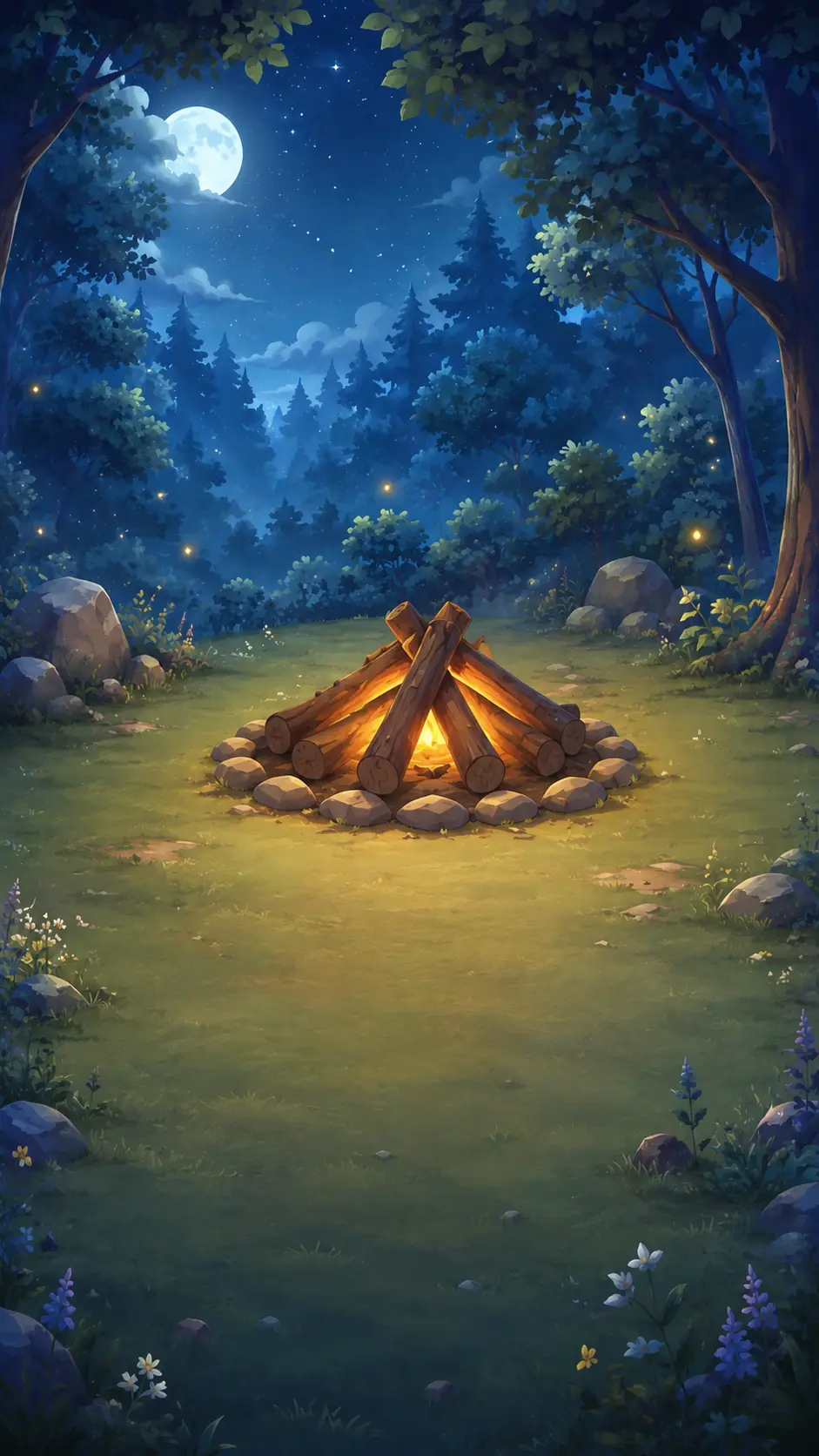 ZoBud Campfire calm scene — a glowing fire in a moonlit forest clearing to wind down