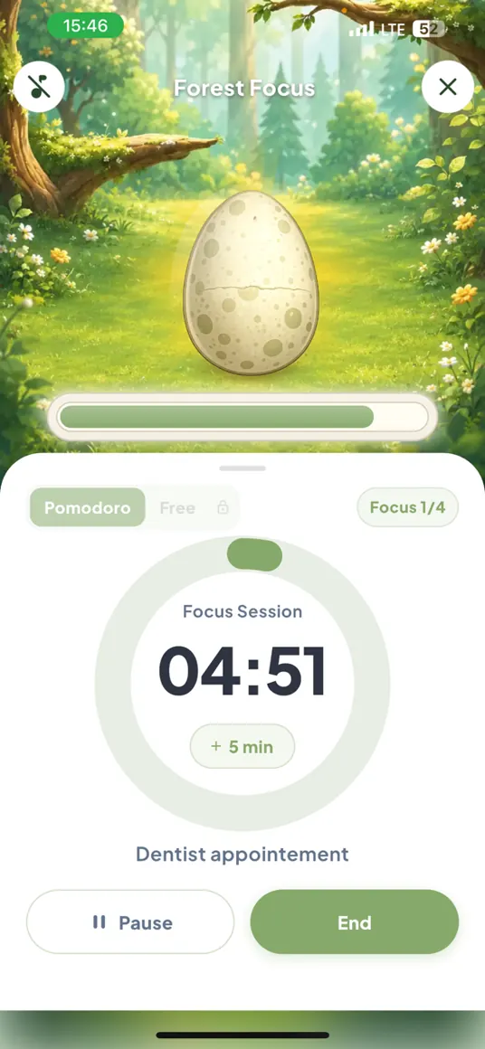 ZoBud forest focus session screen with a warming egg as the timer runs