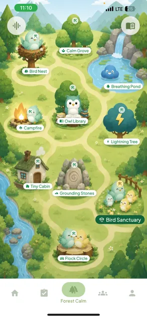 ZoBud Forest Calm map with breathing pond, owl library, calm grove, and bird sanctuary for nervous-system resets