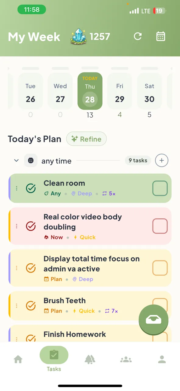 ZoBud today plan screen showing tasks grouped into energy-friendly planning buckets